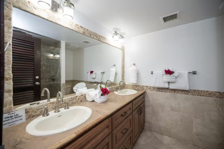 The main floor bathroom has shower, toilet and large vanity