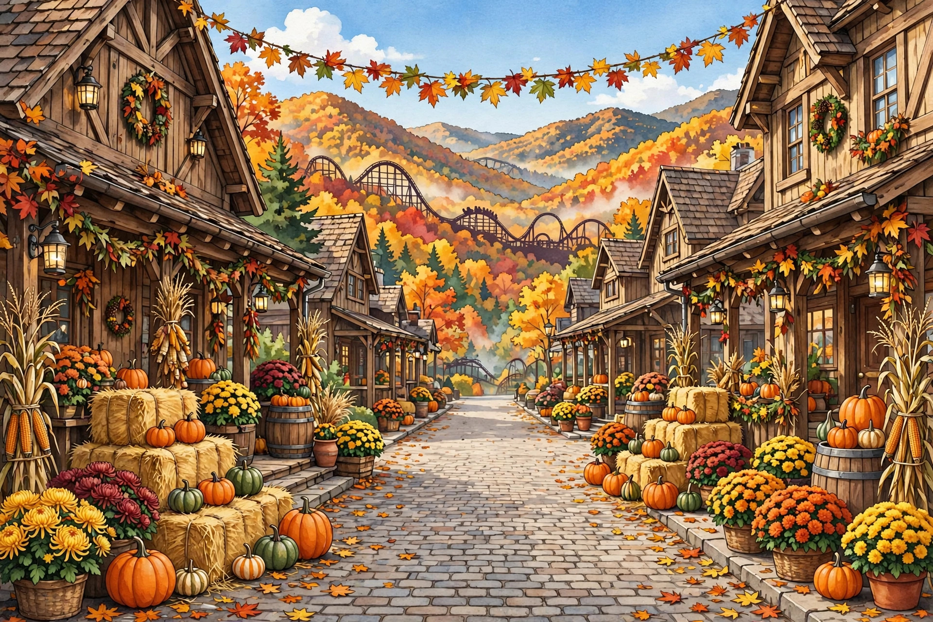 Dollywood decorated for the Harvest Festival with Smoky Mountains in fall color