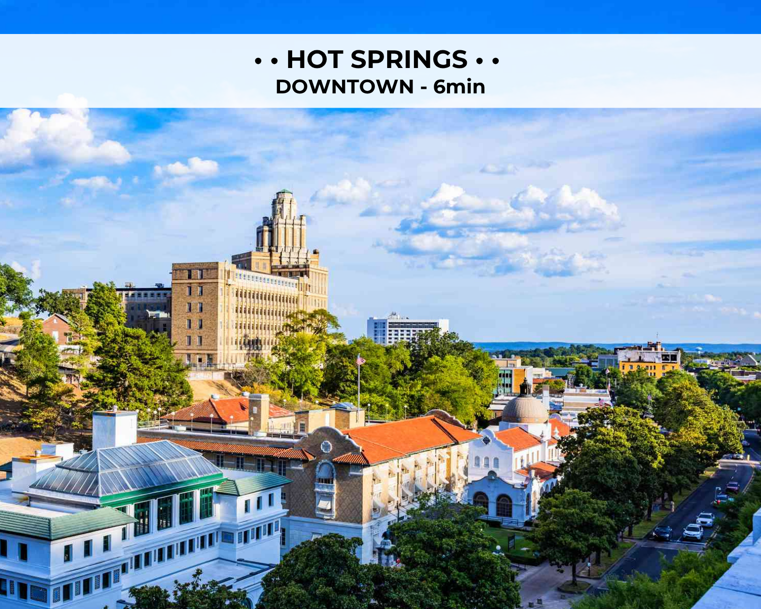 Walk into the heart of it all — Bathhouse Row, the national park and Oaklawn are minutes from the door, most of it on foot.