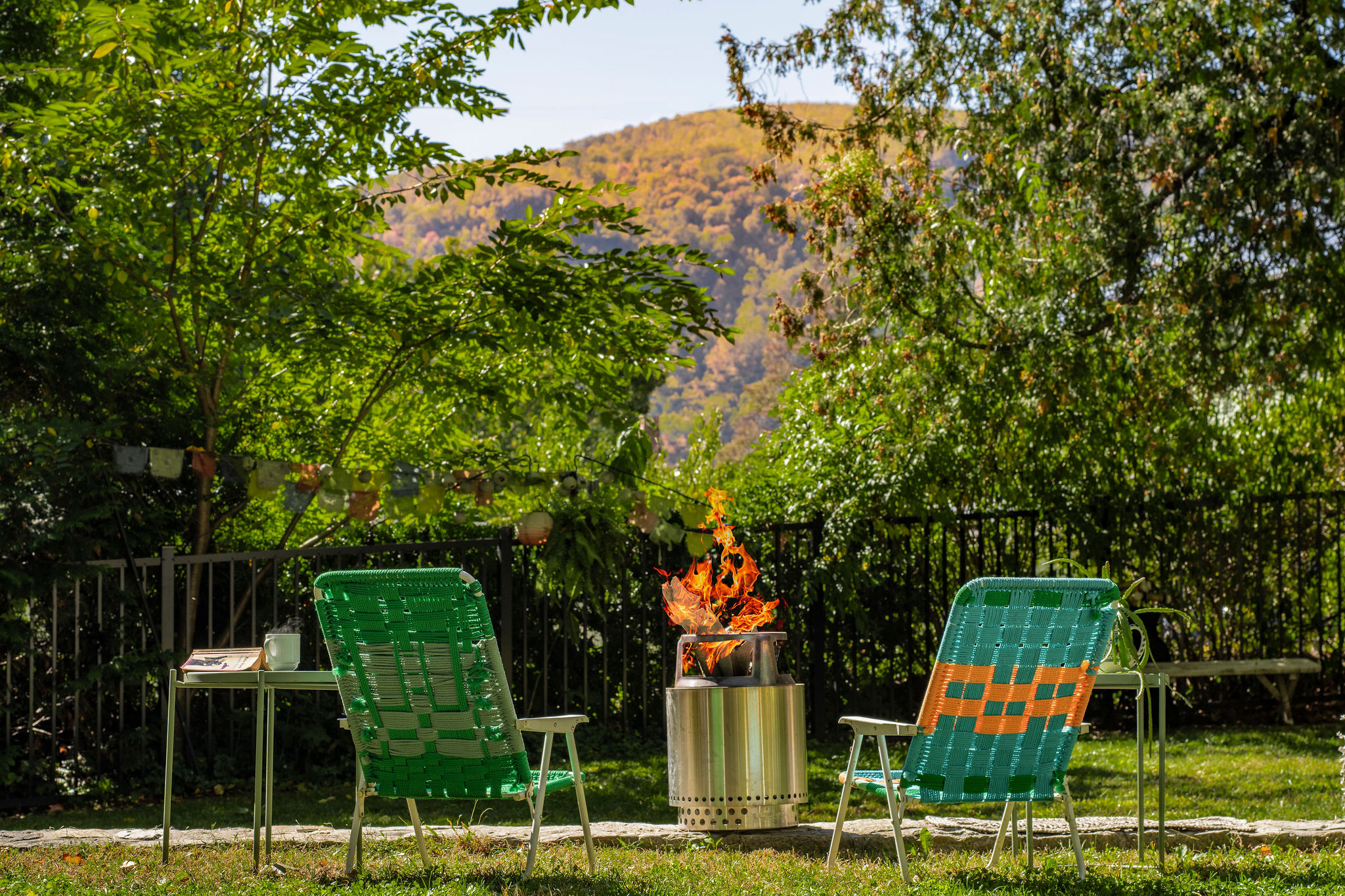 Outdoor fire pit with view of Breakneck Ridge.
