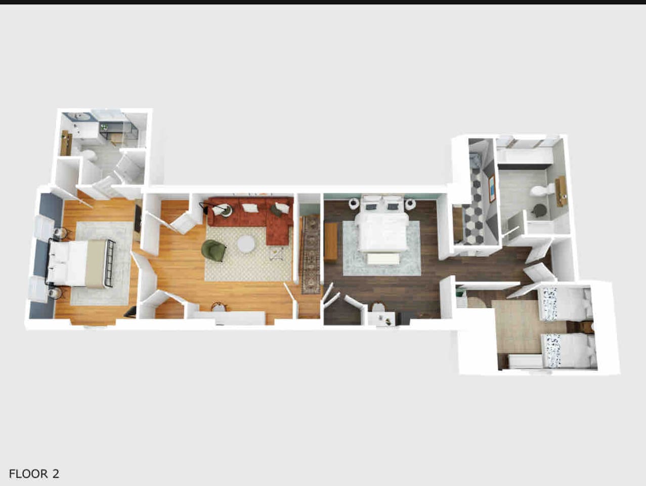 Upstairs layout: 

Oak Canopy Suite (2 bd 1 bath) is to the right of the stairs. Magnolia Suite (1 bd, 1 sitting area, 1 bath) is to the left.