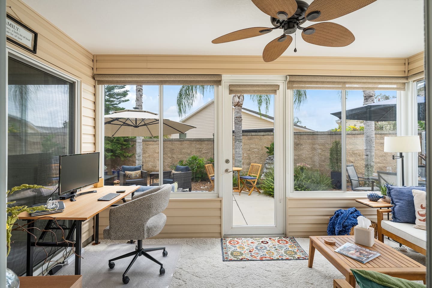 A bright and peaceful space to work if needed.  Please note:  The desk is clear, and no monitor is provided,