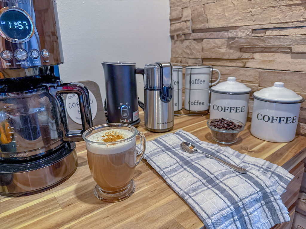 milk frother, coffee grinder, whole bean & ground coffee!