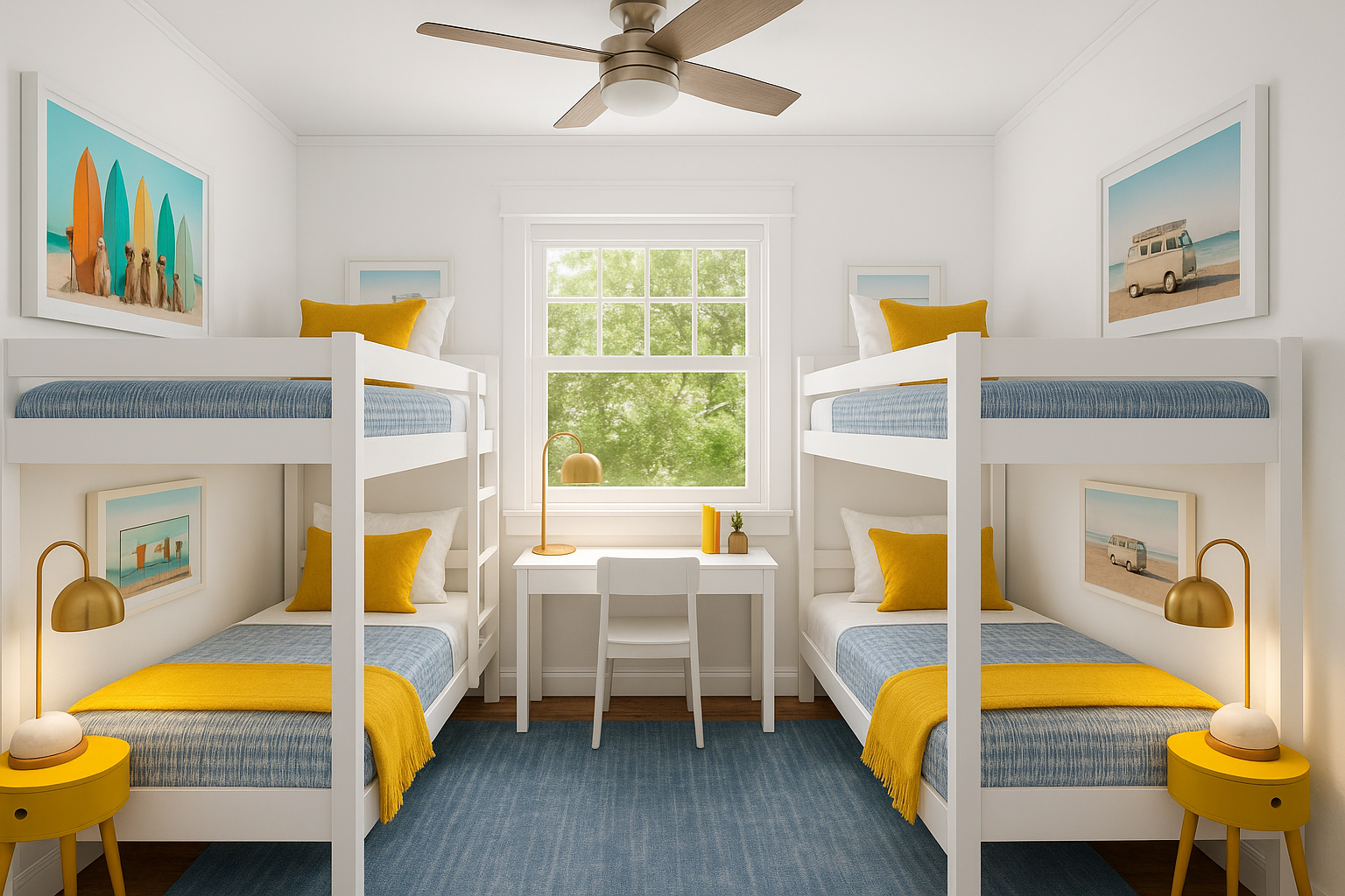 Updated (AI Generated Image): Bright and airy bunk bed bedroom featuring two new durable twin XL bunk beds, modern artwork, and a personal desk and chair—ideal for remote work. Enjoy a smart TV and peaceful views overlooking the quiet Flamingo Park street.