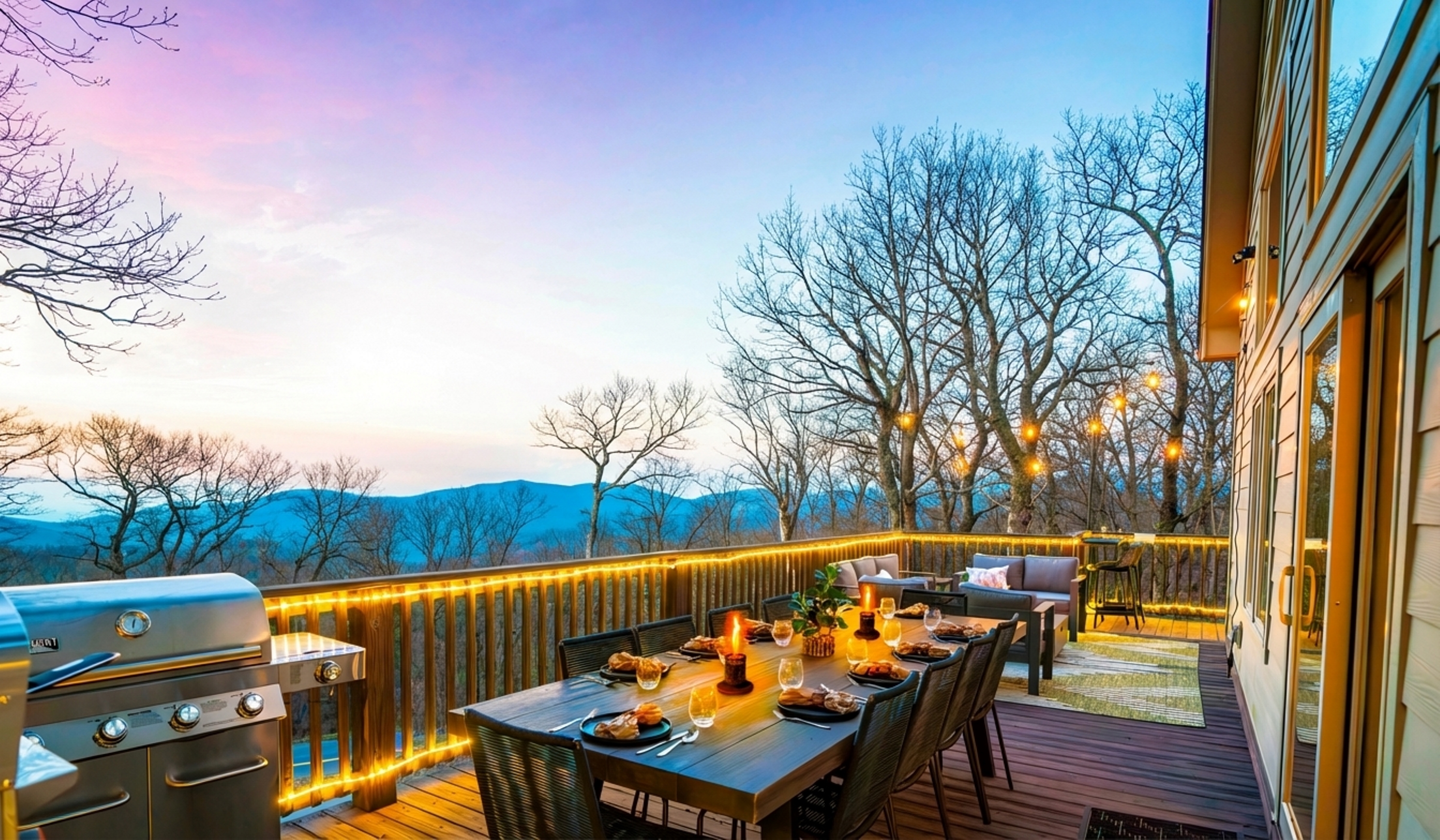 Twilight on the deck — mountains fading in the distance, wine glasses catching the glow of string lights, dinner sizzling on the grill. This is what gathering should feel like
