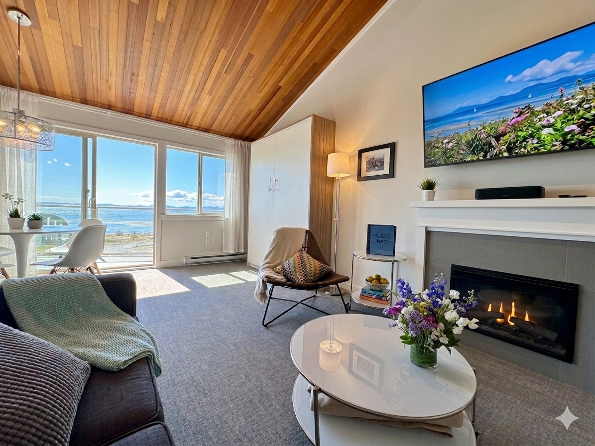 Oceanfront Loft with Fireplace and 3 beds.