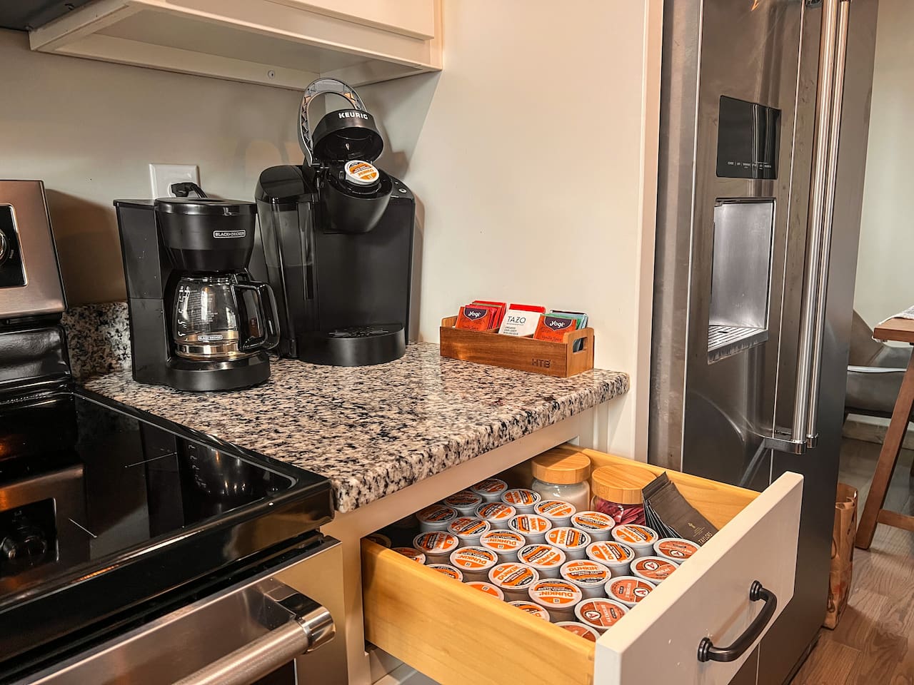 Coffee pot, Keurig, Burr grinder, gooseneck kettle and pour-over coffee options for coffee the way you like it.