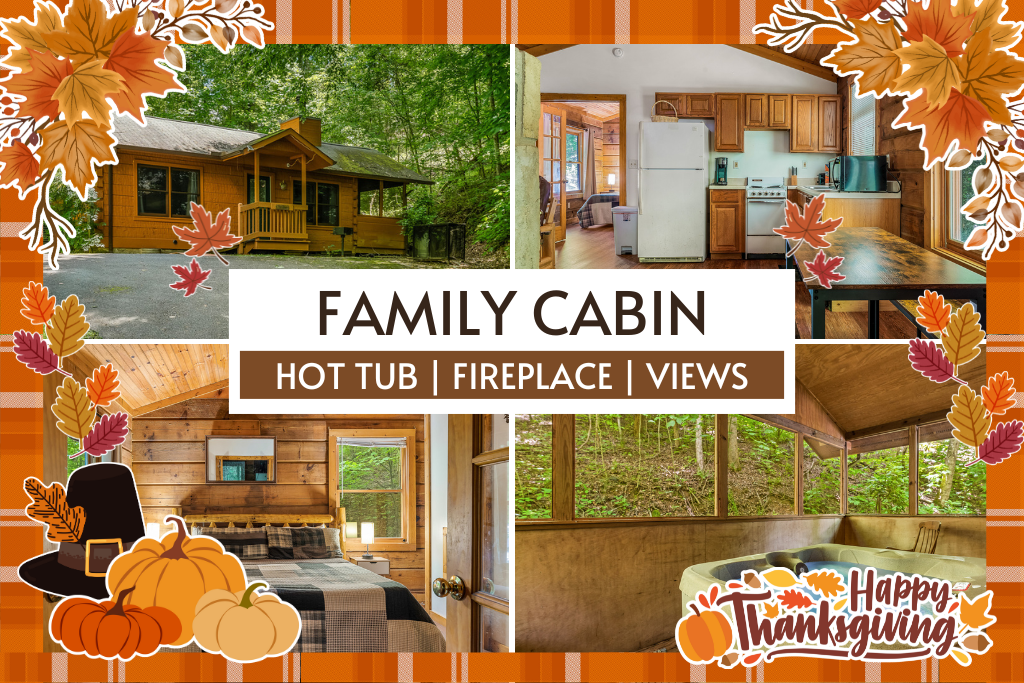 Family cabin retreat with a hot tub, fireplace, and forest views.