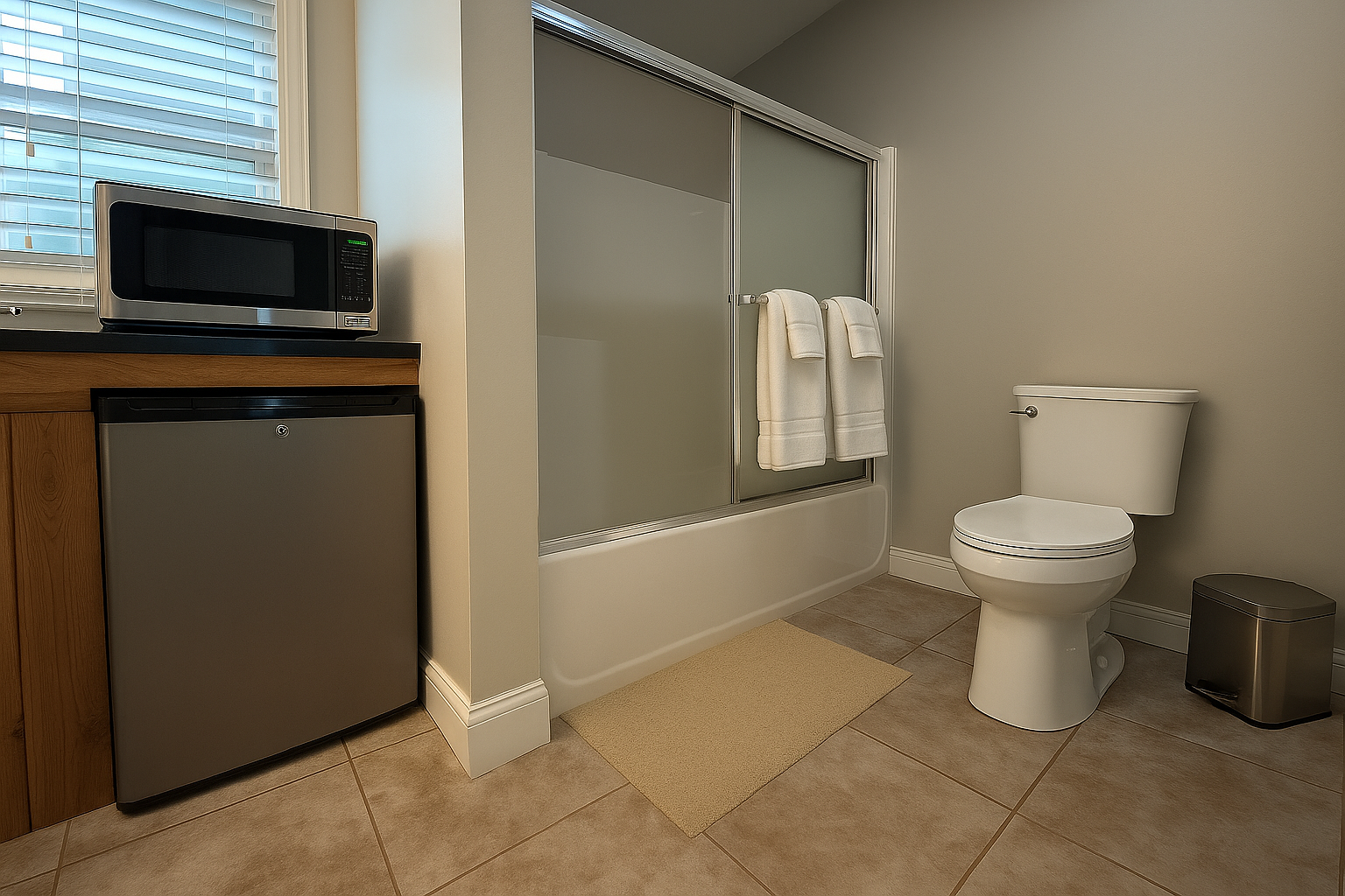 All the essentials at your fingertips. Mini-fridge, microwave, and full bath with fresh towels provided.