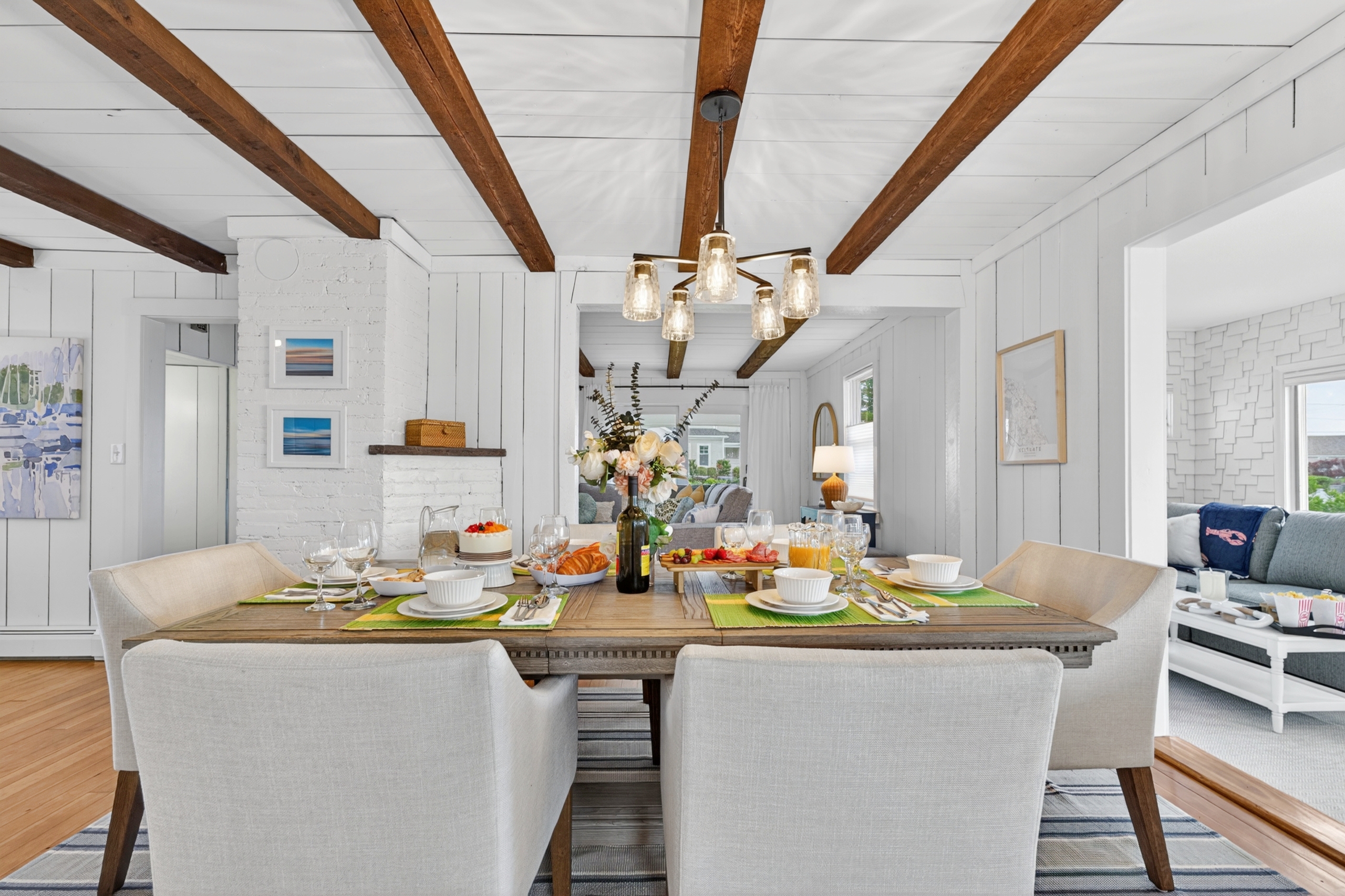 Modern dining setup with seating for six and elegant cutlery, ideal for family dinners or entertaining guests.