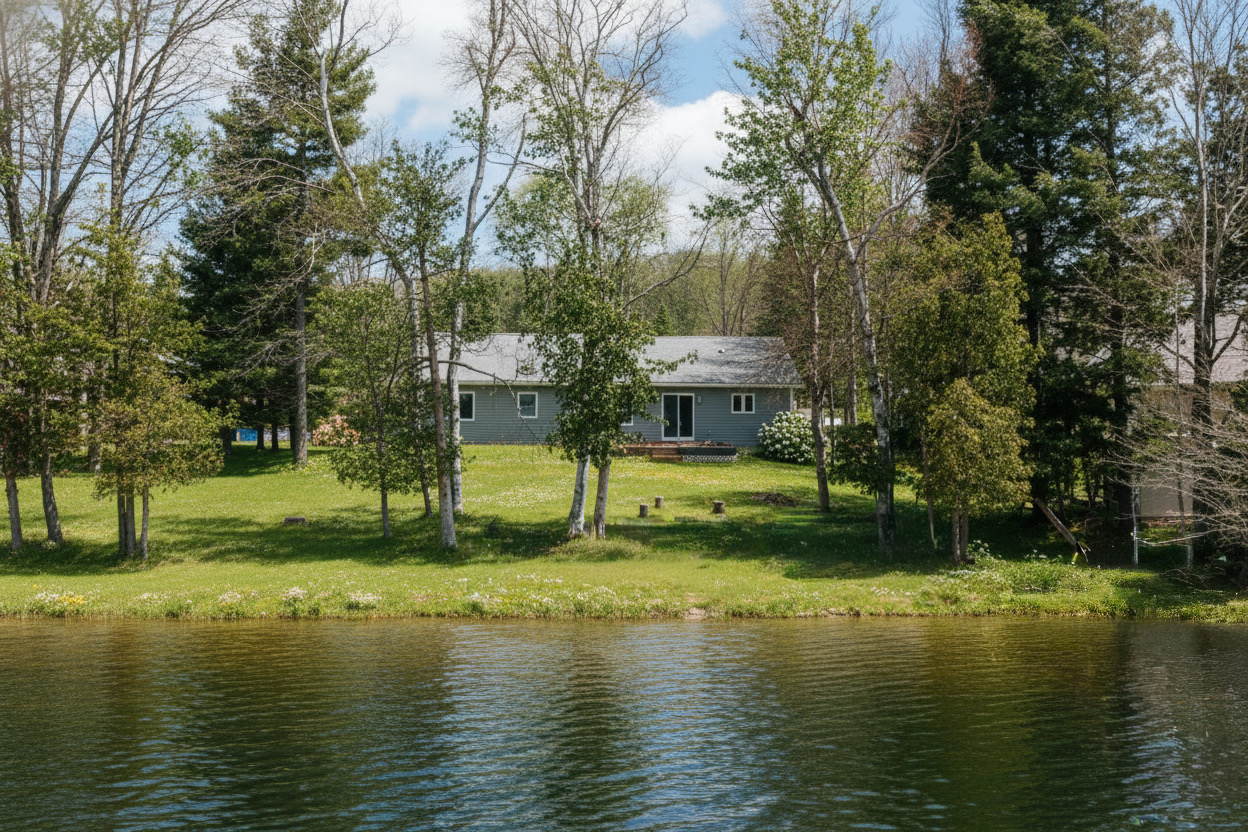 Enjoy peaceful lakefront living at Shorebird, where calm waters, grassy shoreline, and towering trees create an ideal setting for swimming, paddling, and relaxed summer days.