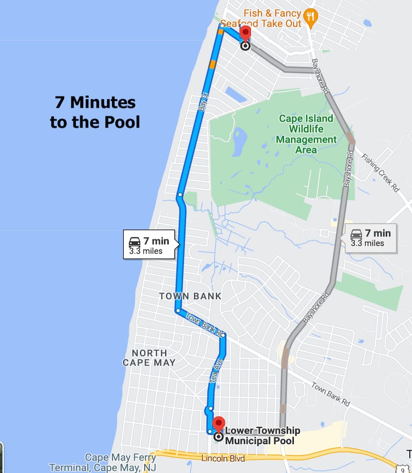 A quick 7-minute drive covering 3.3 miles to the Lower Township Municipal Pool. The convenient location ensures you are never far from local amenities and additional recreational options.