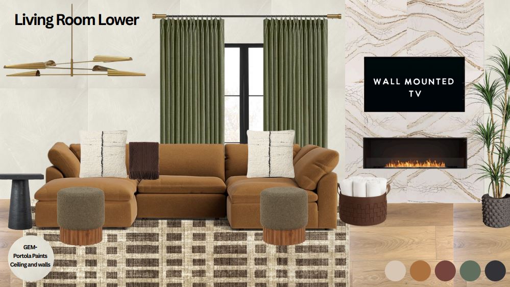 Spacious living room with a cozy sectional, wall-mounted TV, and modern fireplace—perfect for relaxing or movie nights.