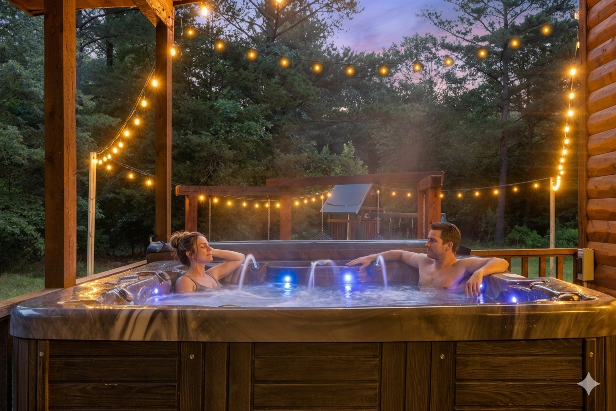Unwind in the private hot tub after a day of exploring Broken Bow’s attractions.