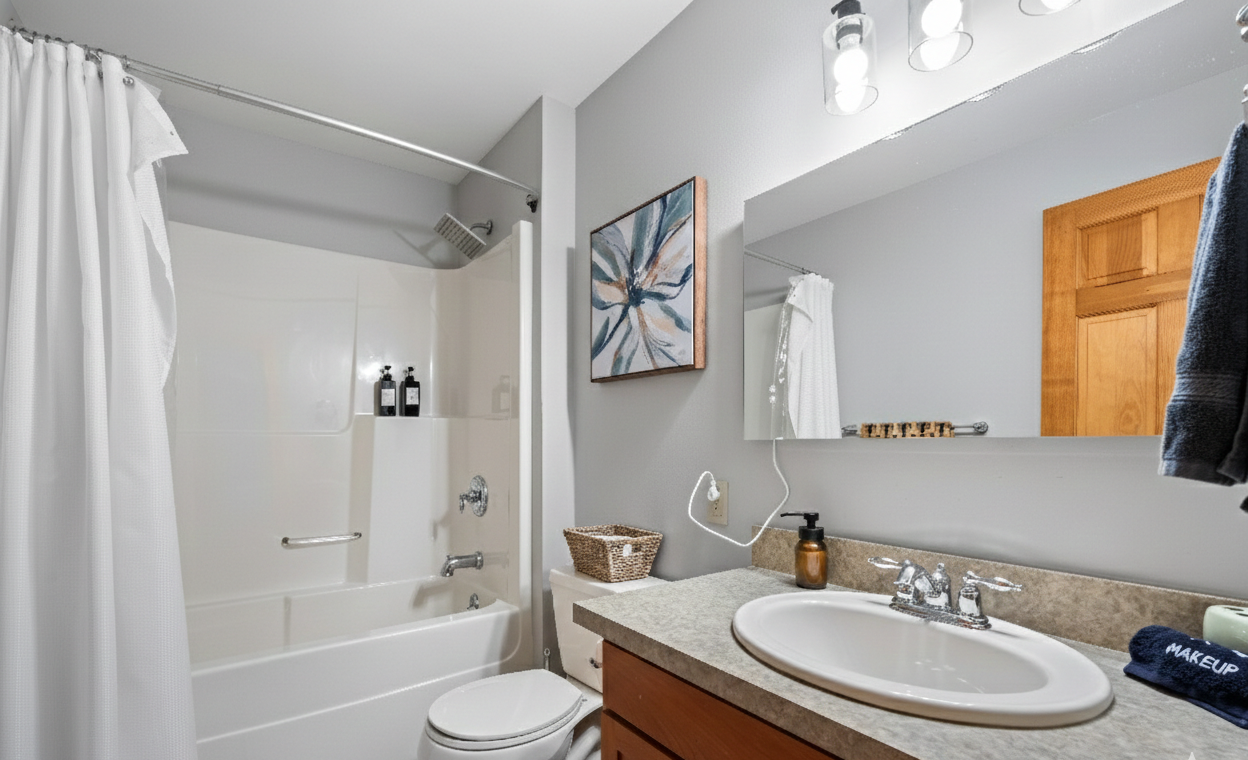 Wrap up the day in a bright, clean bathroom with a tub shower combo that works for quick rinses or long soaks.