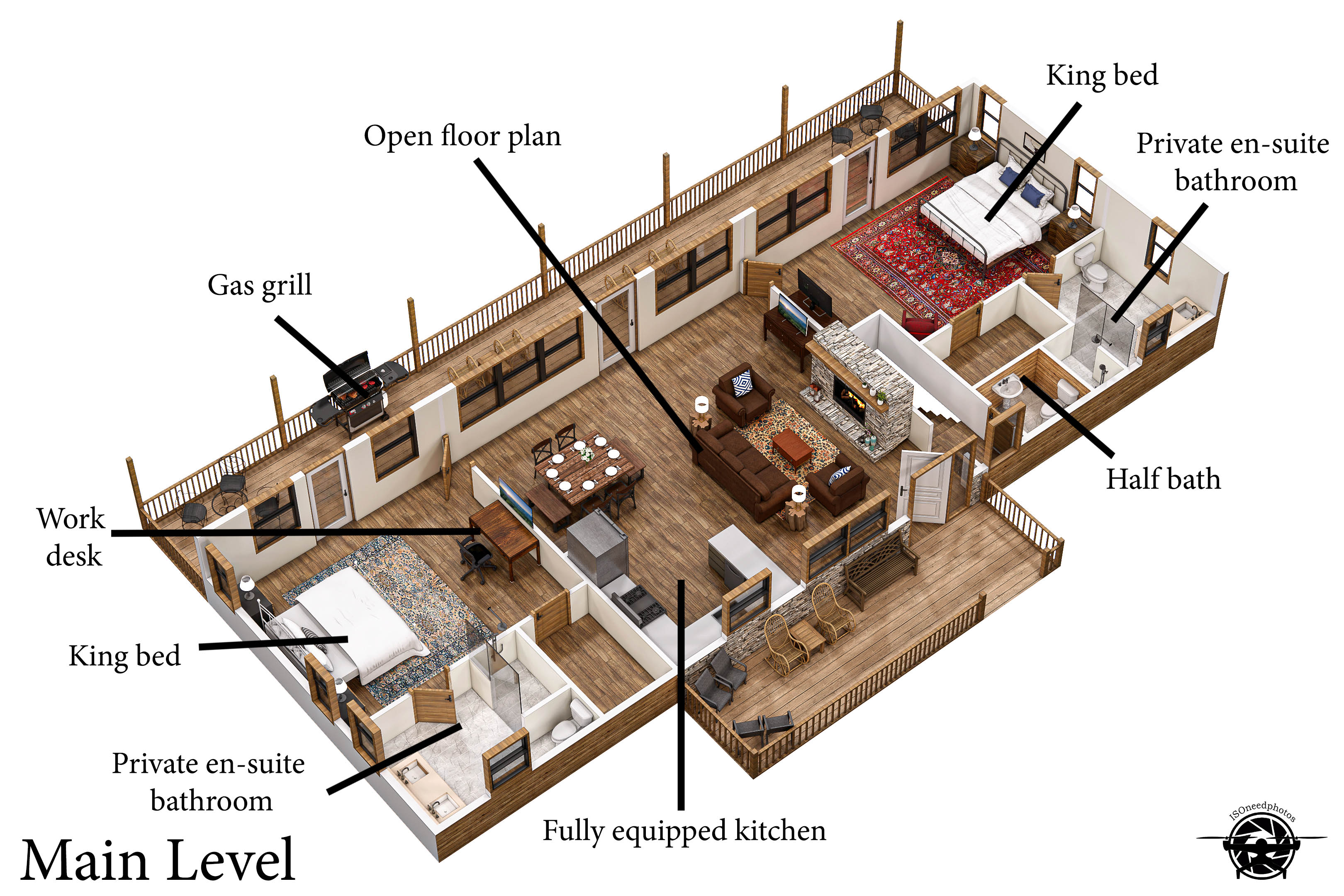 Enter the lodge on the main level. The floorplan allows for privacy in the bedrooms, access to the deck on every level.