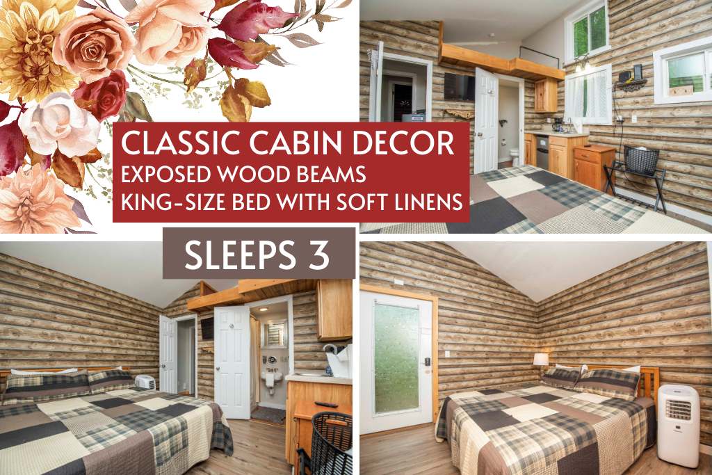 Classic cabin comfort with wood beams and space to sleep 3