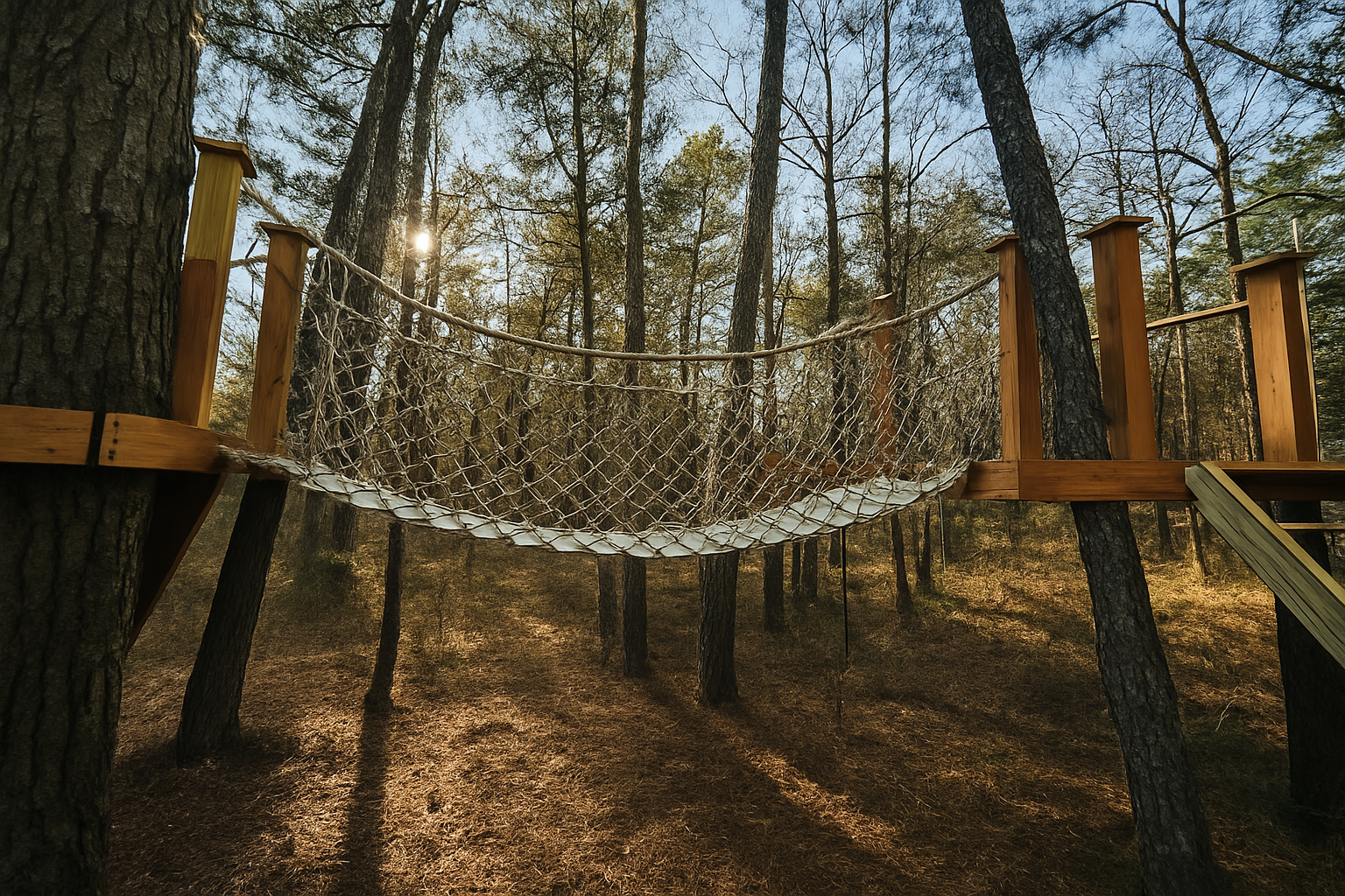 A dreamy rope bridge suspended between the pines, perfect for little explorers and big imaginations. Let the kids wander from platform to platform while you soak in the peaceful forest setting that makes Pinewood Lodge feel like its own secret world.