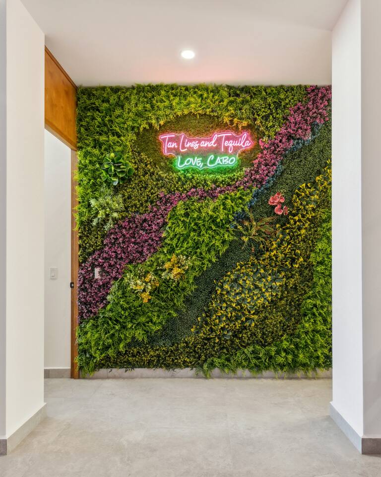 Elevate your stay with our stunning custom nature wall, showcasing handcrafted art —adding a tranquil, unique touch to our unique Airbnb retreat.