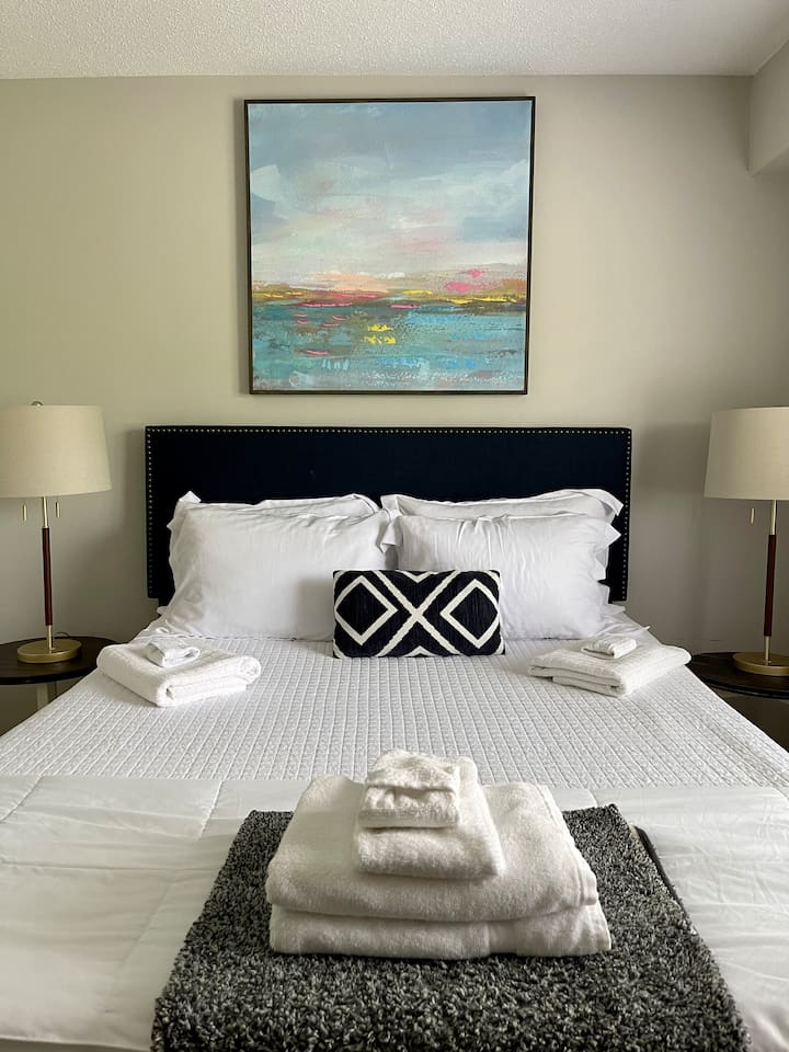 Bedroom 1, with queen size bed and memory foam mattress