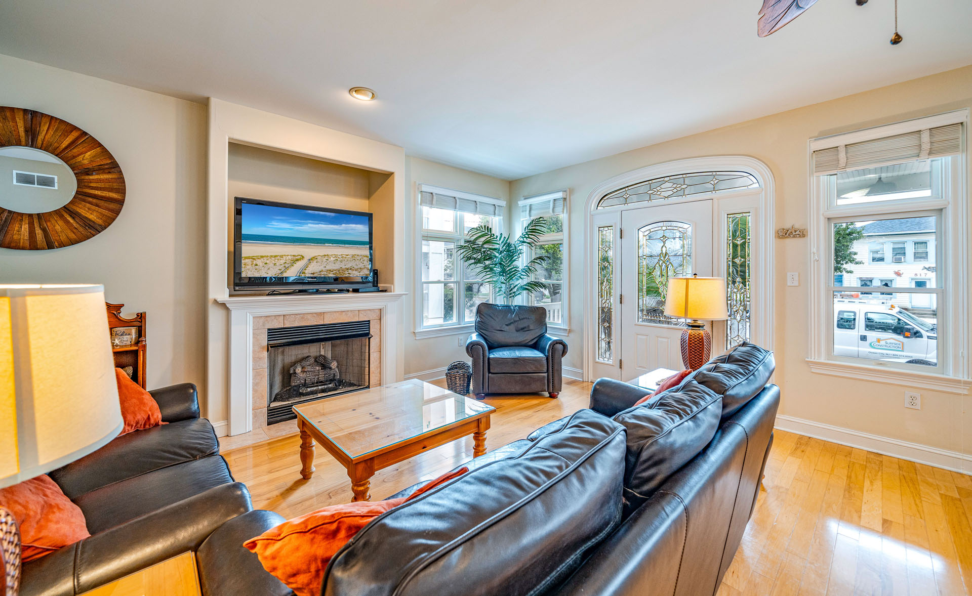 Stunning living room with leather seating