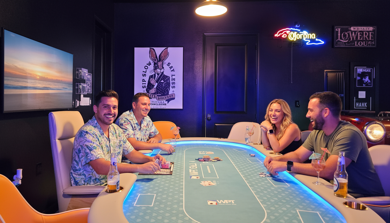 Ultimate game room featuring Vegas style poker table with 10 leather chairs.