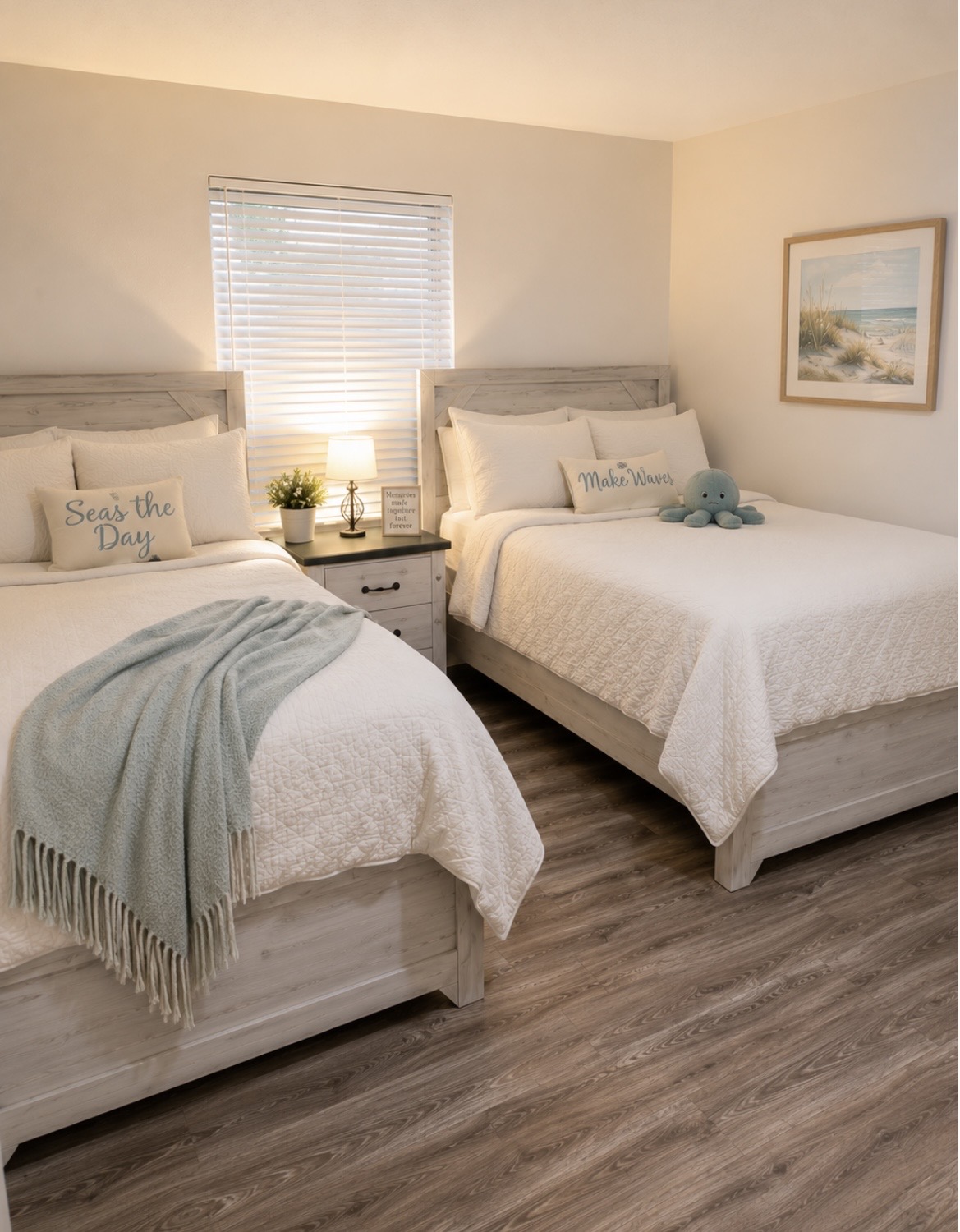 A serene bedroom with soft bedding and natural touches creates a calm, restful retreat at the end of each day. ⭐