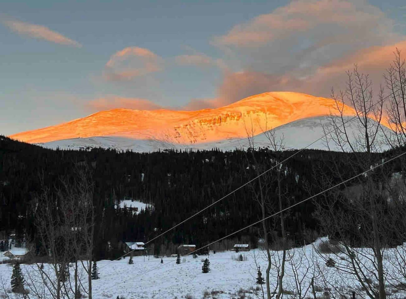 View of the mountains from the cabin. Alpenglow