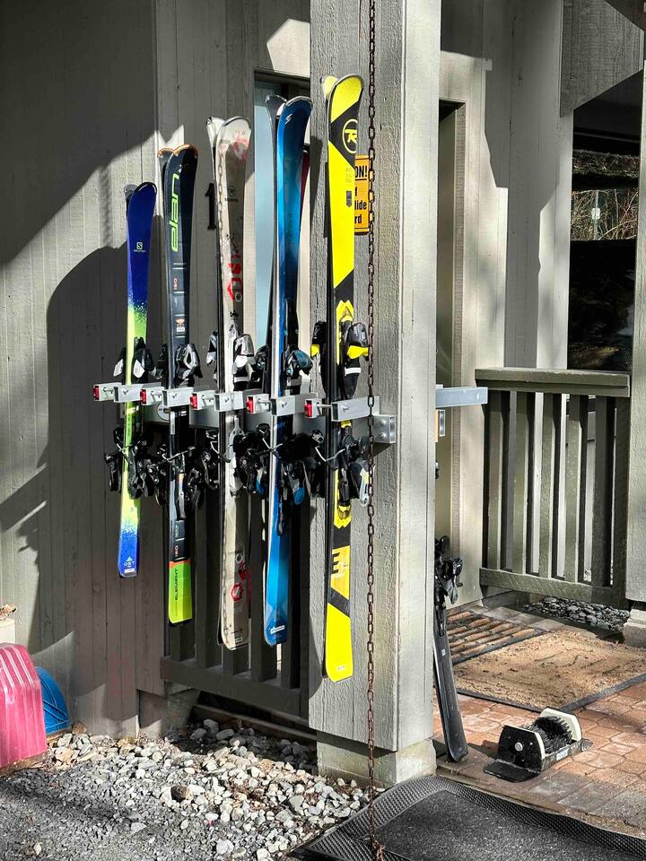 Lockable Ski-Key racks right outside the front door provide secure & convenient ski & snowboard storage