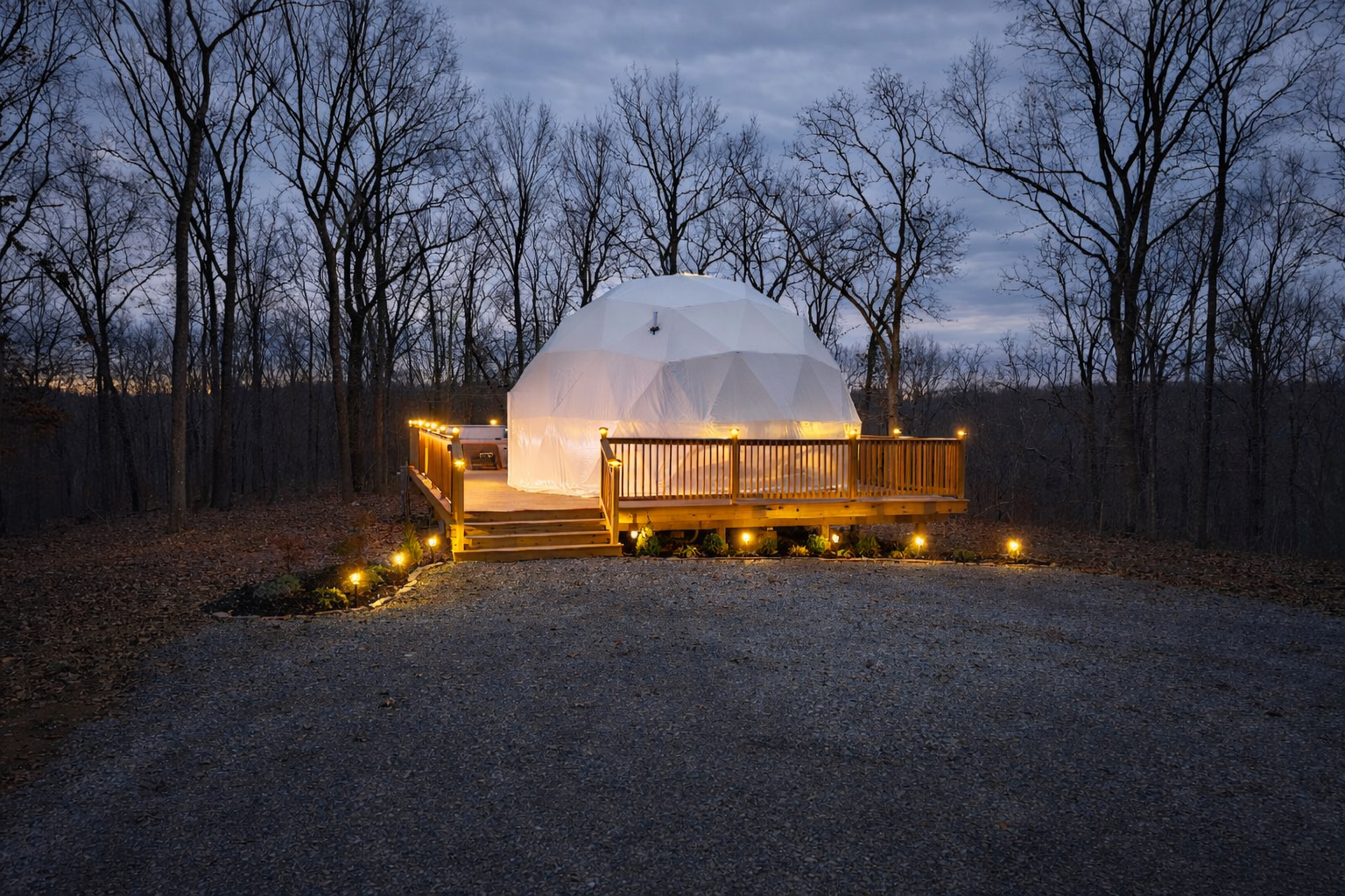A glowing forest retreat, hidden among the trees