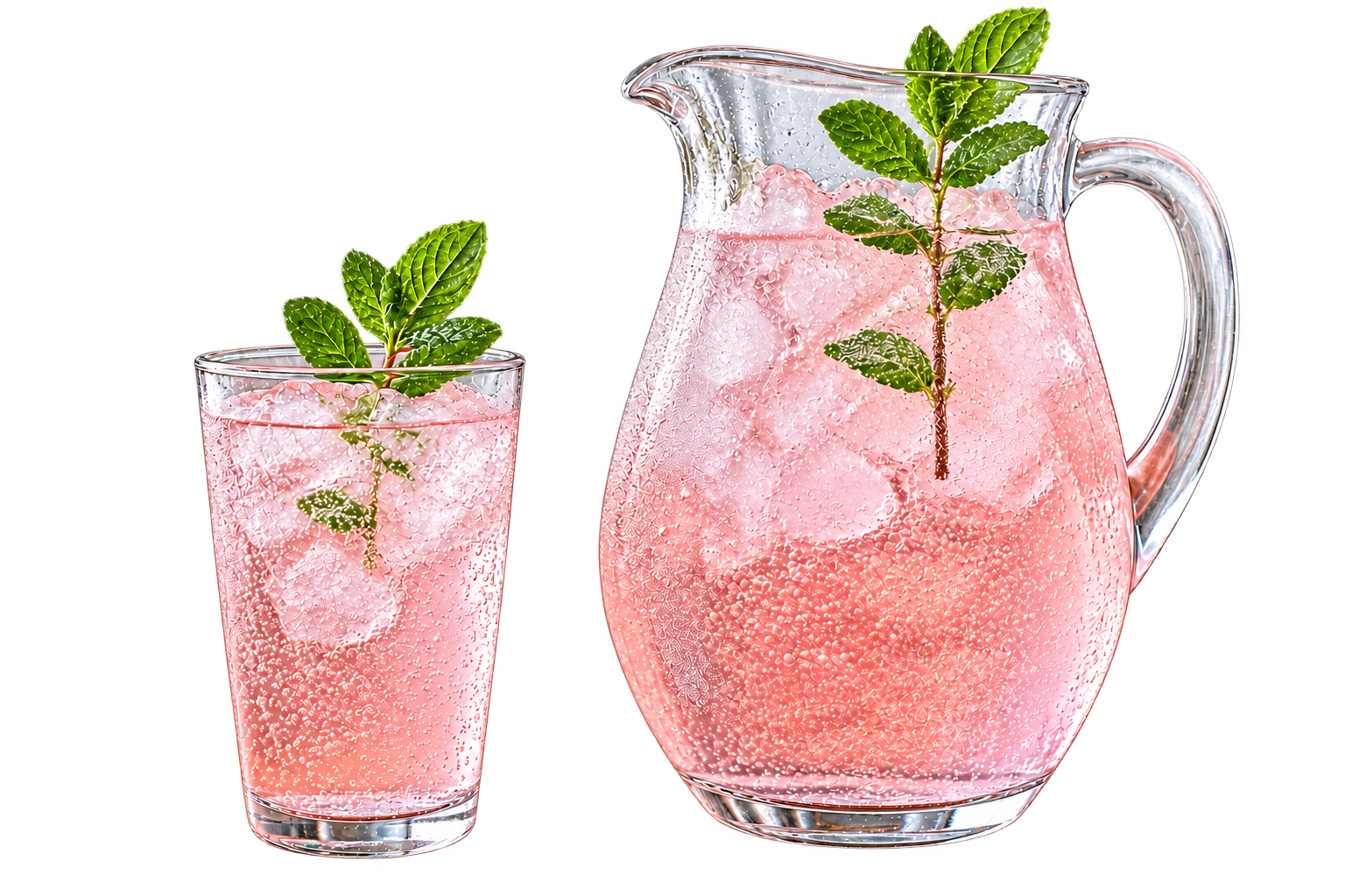 Pitcher and glass of pale pink sparkling Alaska Cool-Aid over ice with pineapple mint