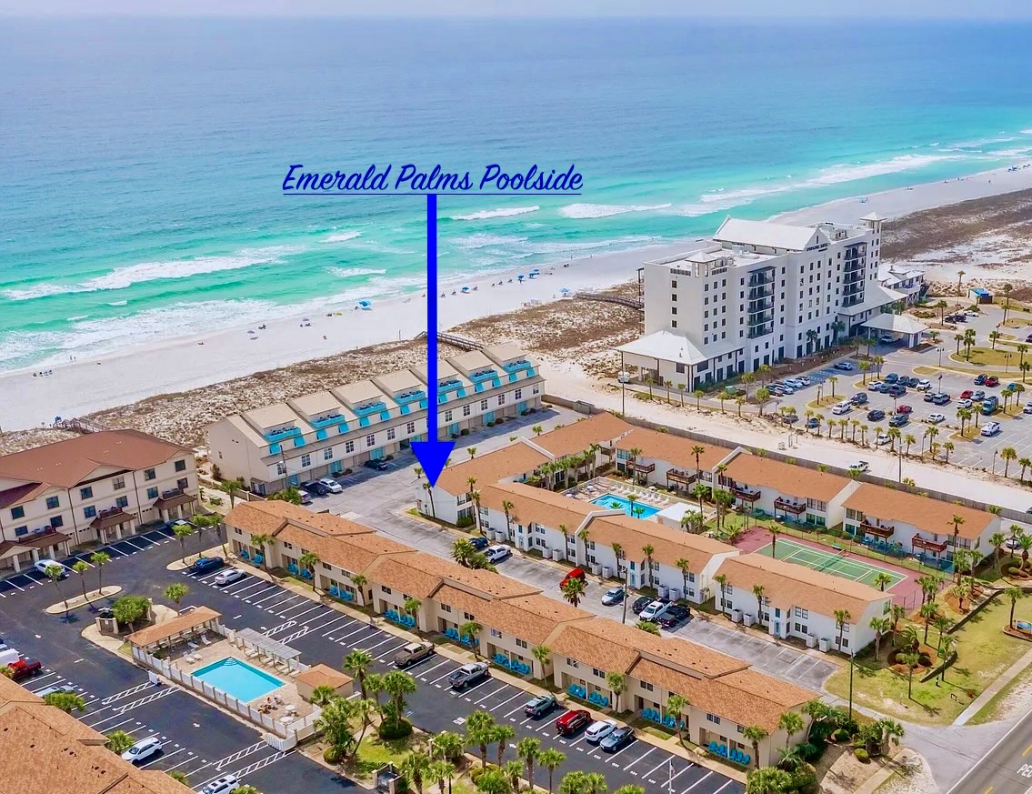 Emerald Palms Poolside is conveniently located just steps from the sugar white sand of The Emerald Coast. Ninety seconds and your toes are in the sand!