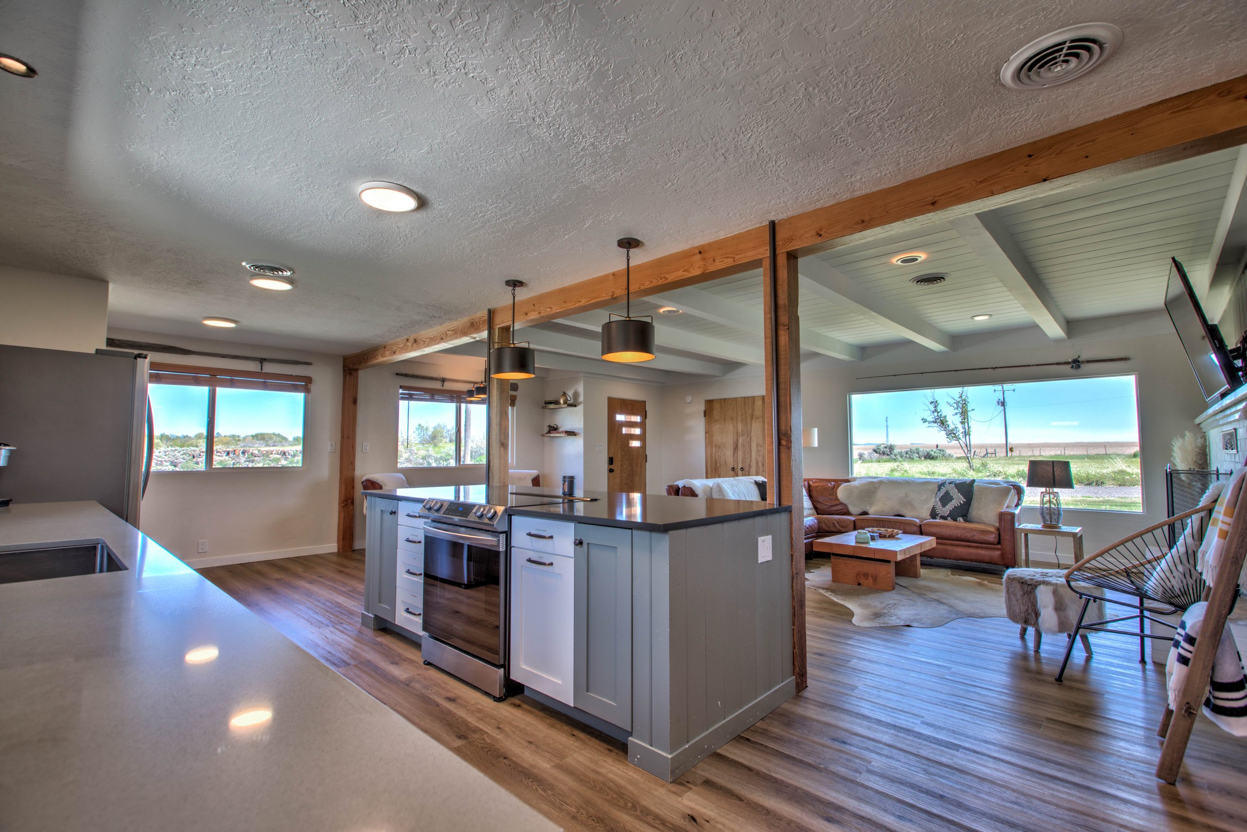 Kitchen with canyon-country views through the wide windows
