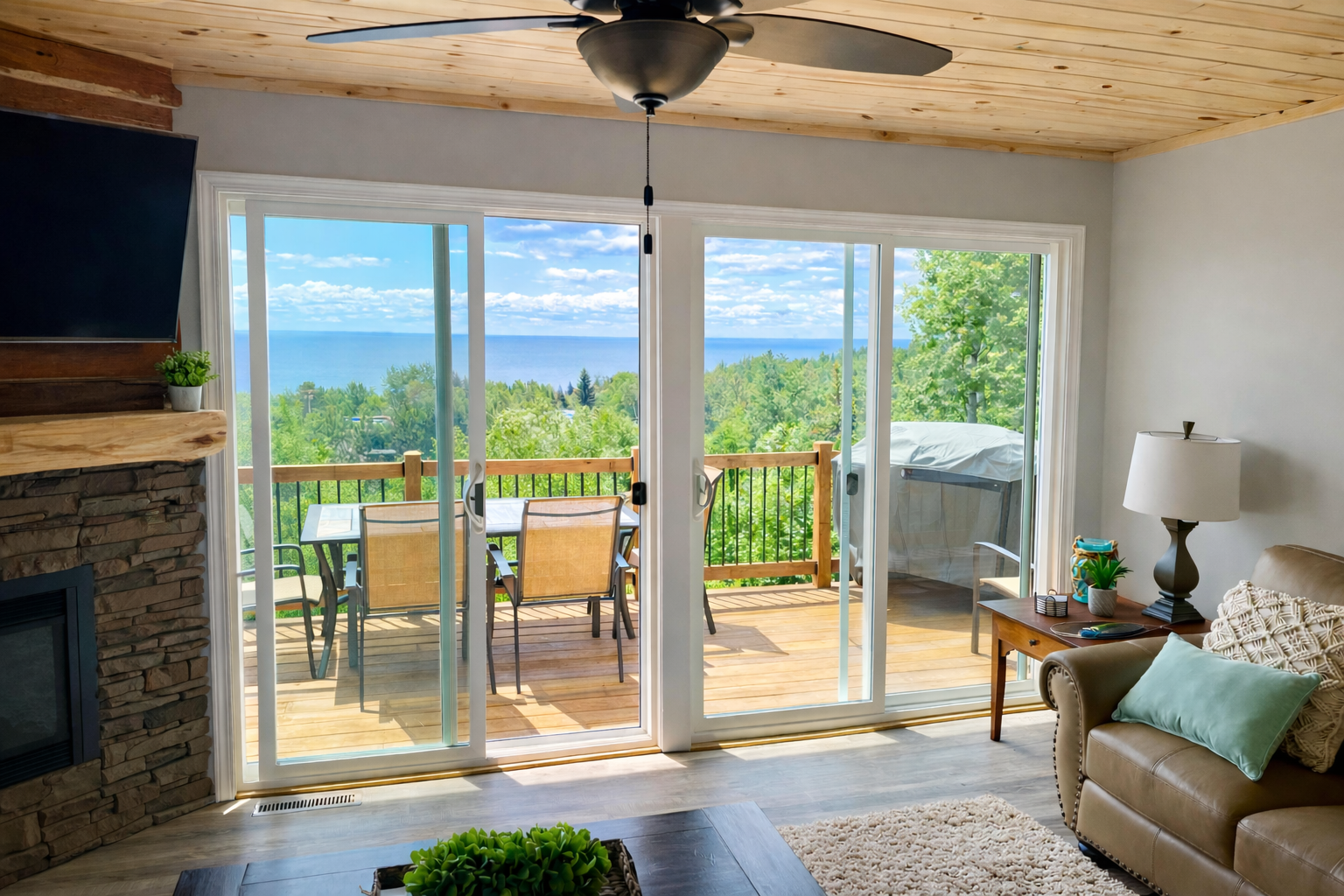 Uninterrupted Lake Superior views flow straight through the living room and out to the deck, where the grill and outdoor dining table overlook the water. Relax inside while staying fully connected to the lake, sunrise, and North Shore vibes included.