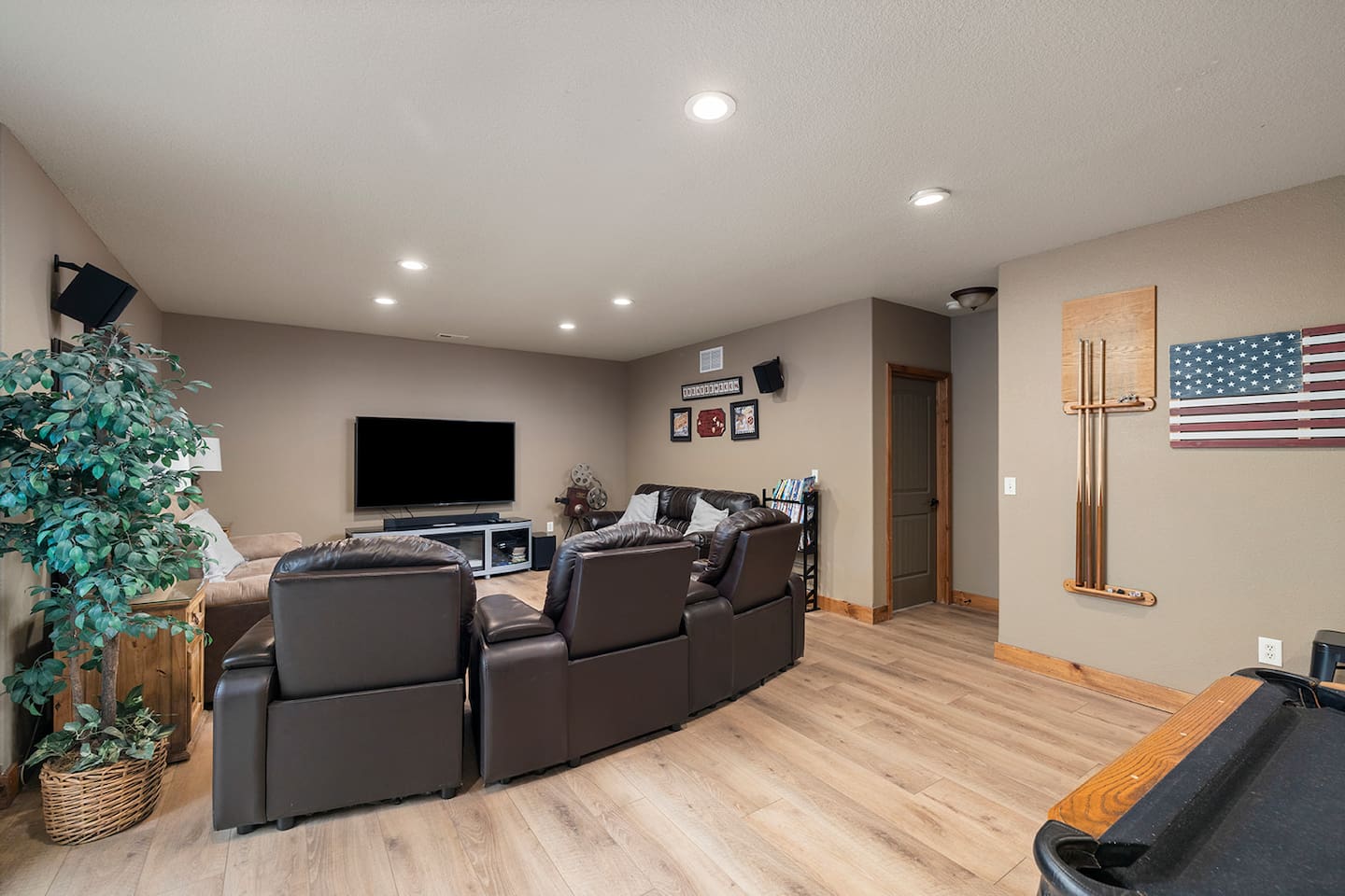 Lower level rec room with theater area