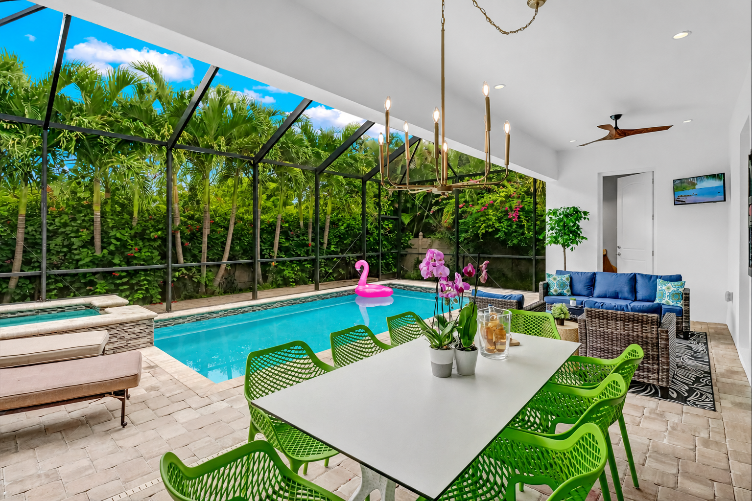 Massive outdoor living w 2 tvs, hot tub, kitchen, BBQ, pool bath, etc.