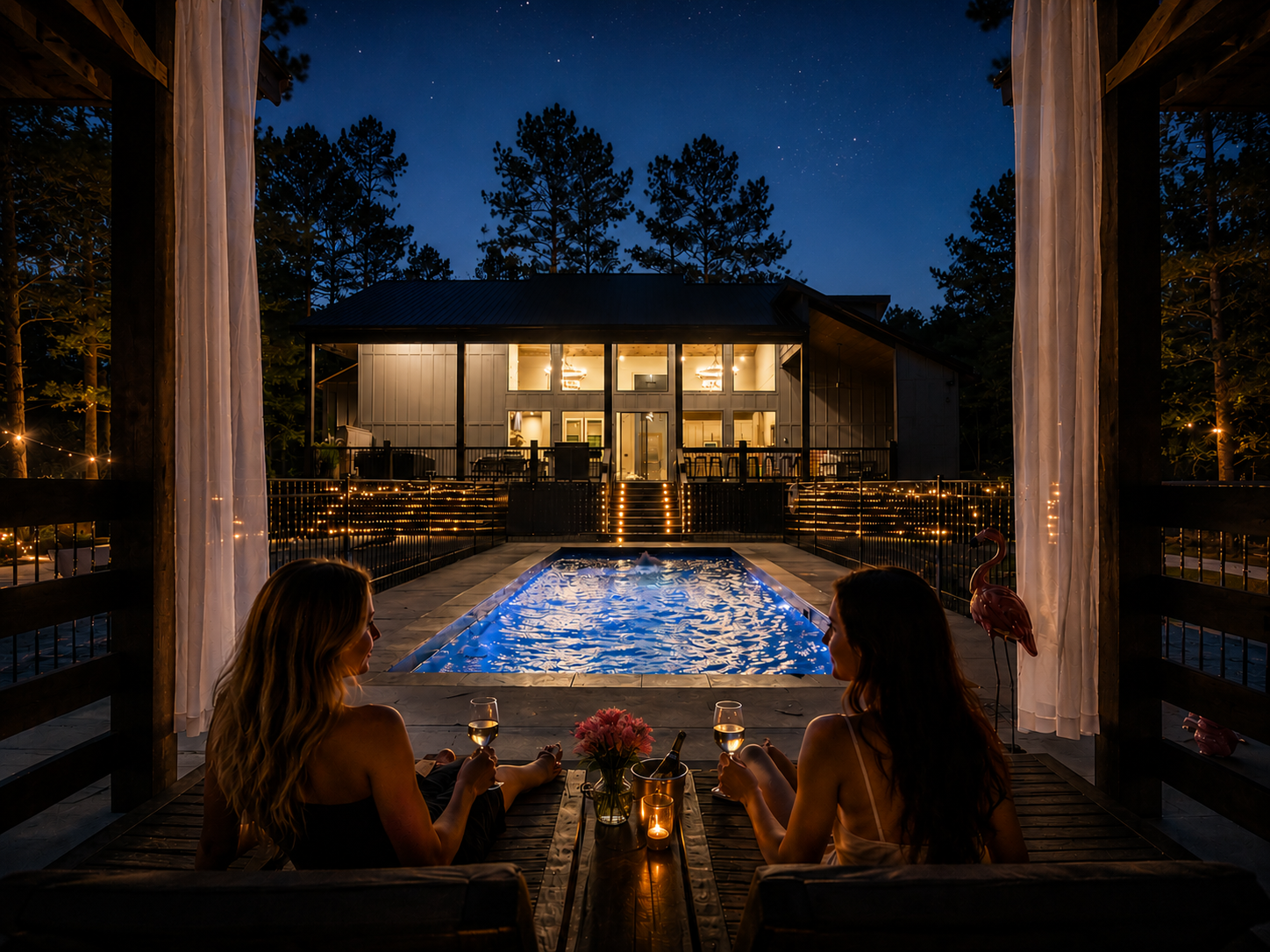 Outdoor Lounge: Sip cocktails by the shimmering pool under a starlit sky, pure relaxation awaits!
