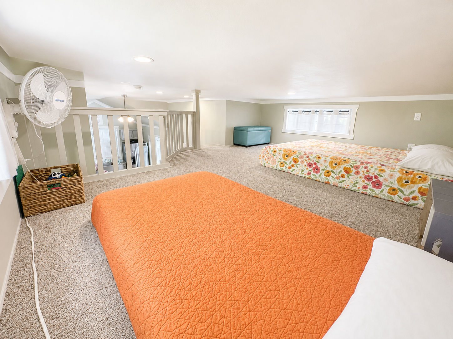 Loft open to kitchen & living below
NOTE: 1 twin + 1 queen bed