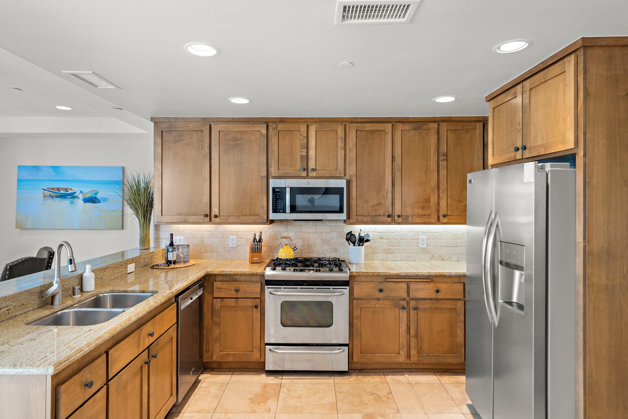 The kitchen is fully equipped to prepare almost any meal.  It also has granite countertops, new appliances, food processors, Instapot, a blender, a Ninja Grill and a fridge with filtered water and ice