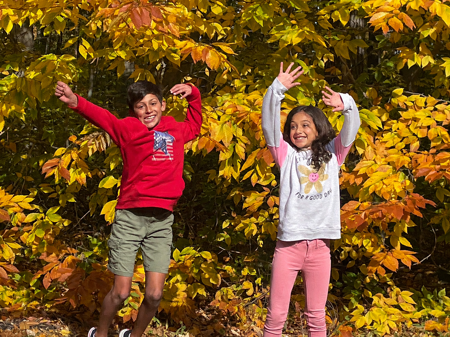 Children enjoying colorful autumn foliage in the Finger Lakes