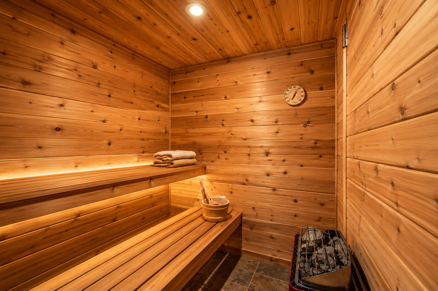 {Sauna} Soothe tired muscles and recharge in the warmth of your private cedar sauna—the perfect complement to a day spent hiking Pisgah Forest.