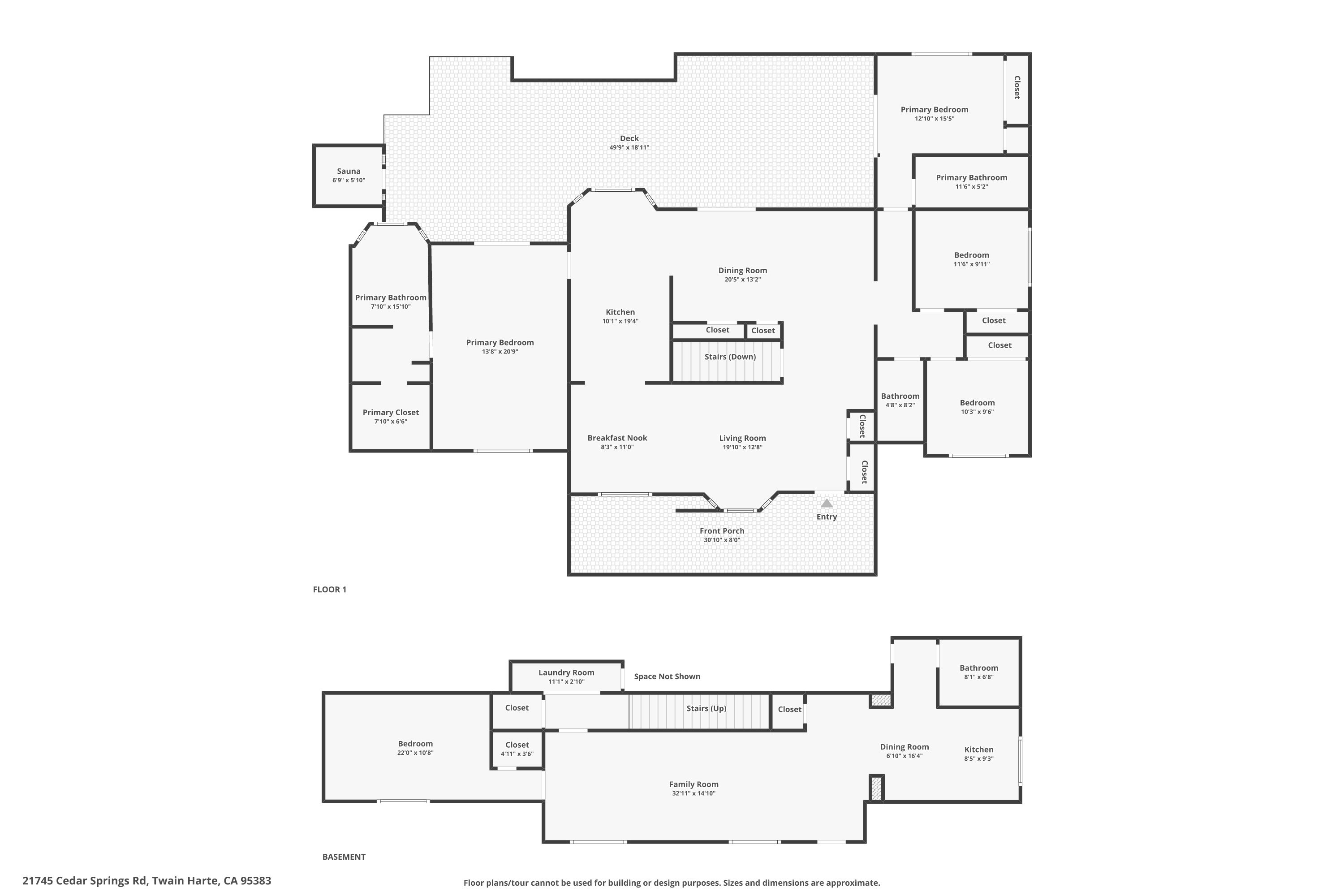Upper Cabin layout. The top diagram is the upstairs and one of the two backyard decks. The lower diagram is the downstairs of the Upper Cabin.