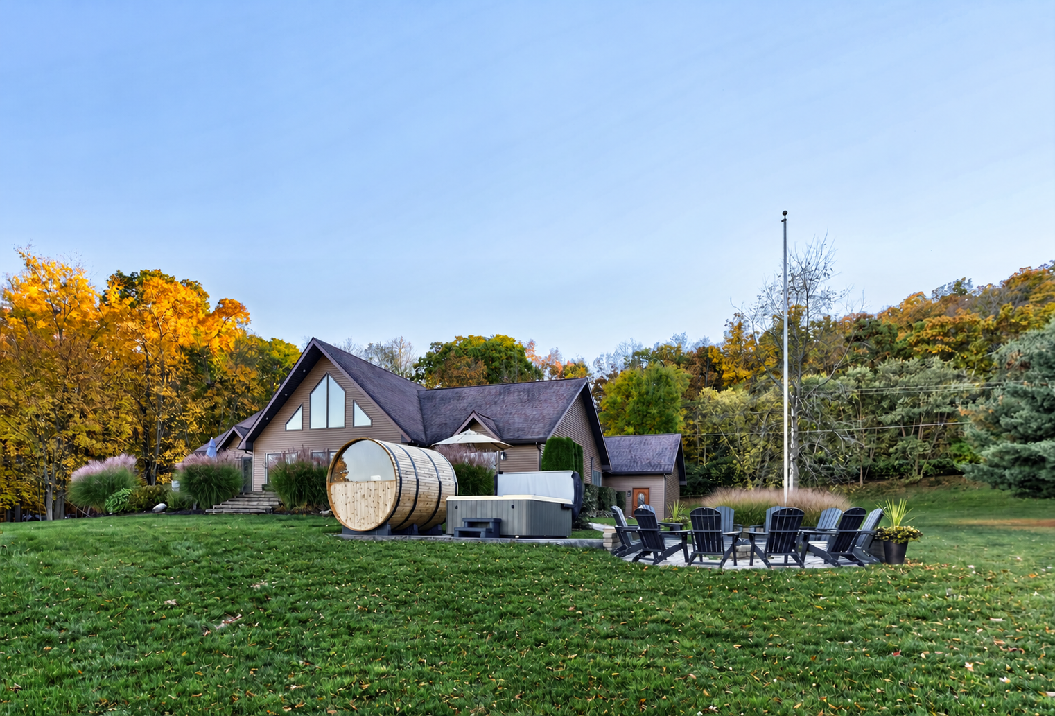 Expansive backyard with outdoor seating and sauna