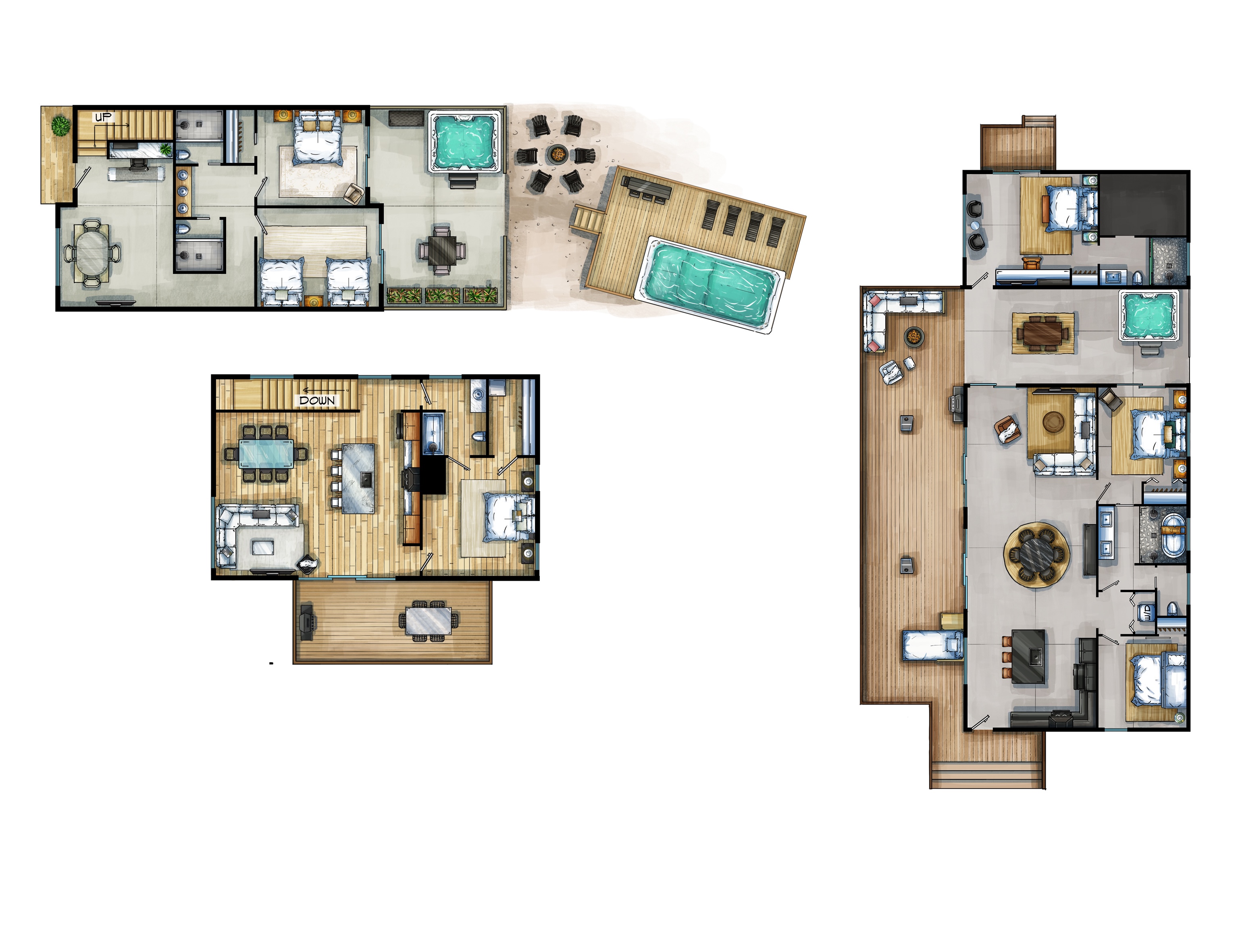 {Glass + Gallery Floor Plan}
See how The Gallery House + Glass House sit together on the property — perfect for larger groups wanting shared spaces with private cabin-style comfort.