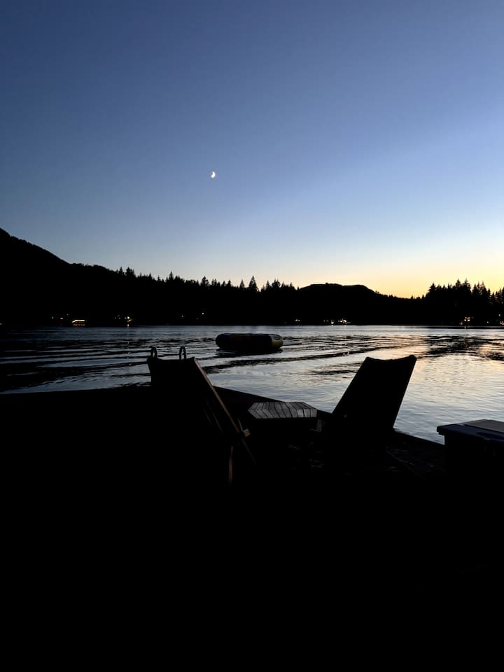 Peaceful lakefront evening scene, captured from the dock.