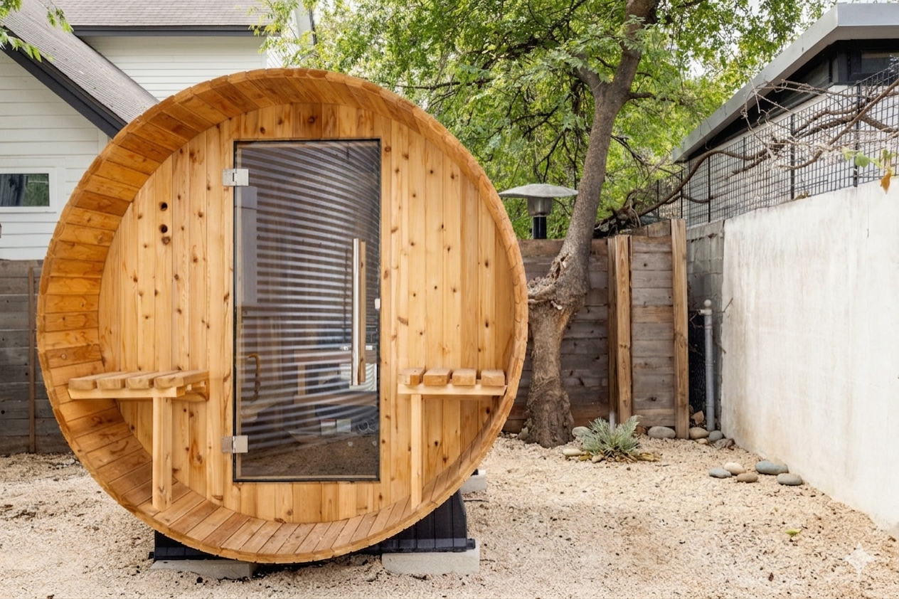 Relax and recharge in this private outdoor barrel sauna—your own spa-style retreat surrounded by nature, perfect for unwinding after a day exploring the city.