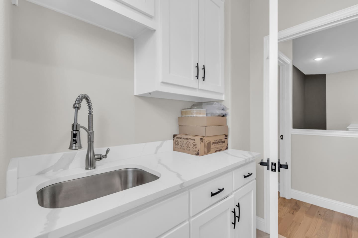 Clean utility sink with modern cabinetry and storage.