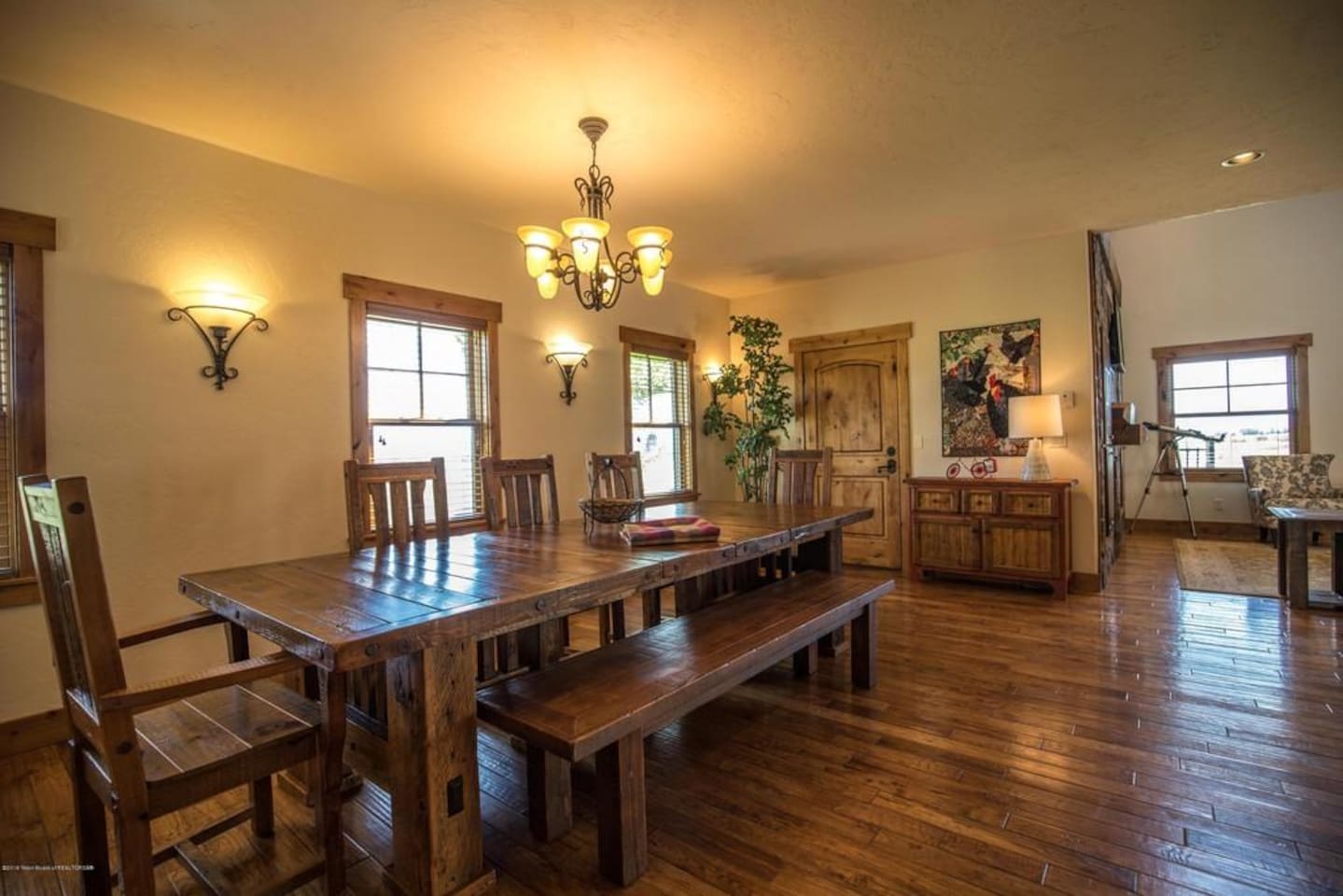 Dining table, seats 10 comfortably (there is an additional chair, unpictured)