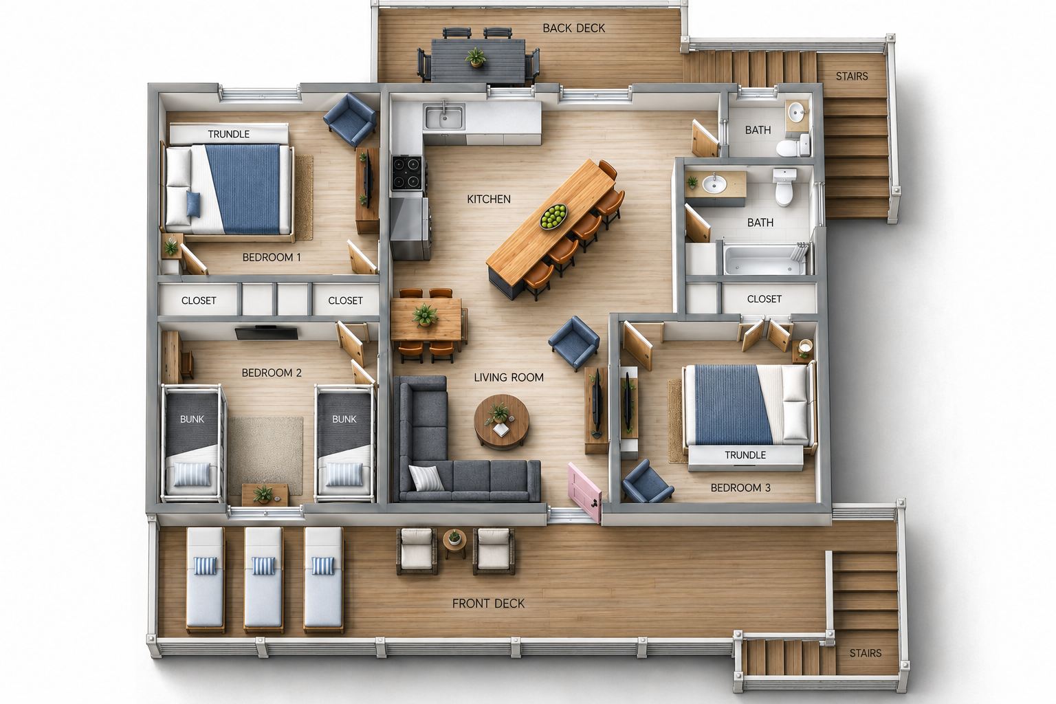 3 bedrooms, sleeps up to 10, 1 bunk room sleeps 4, other 2 bedrooms have queens & trundles