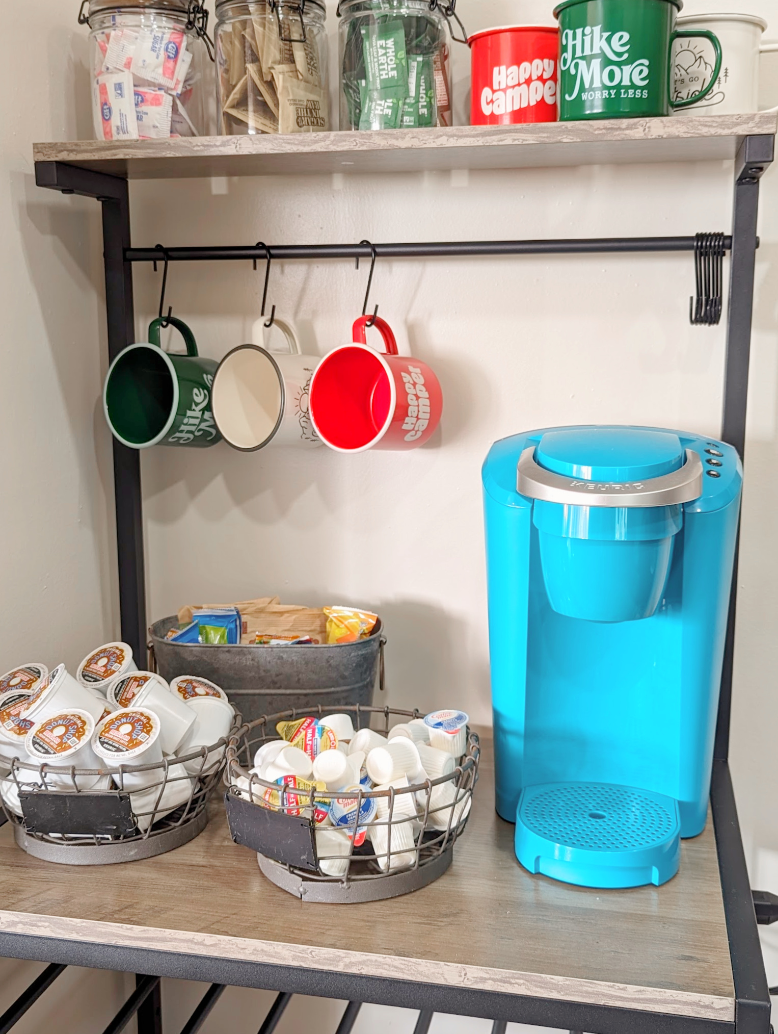 We have a coffee station setup in our small space stocked with K cups ,creamer, coffee mugs and a Keurig coffee maker. 